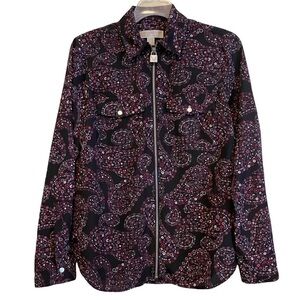 Michael Kors Womens Long Sleeve Woven Top Floral Black Purple Lock Zipper Size S